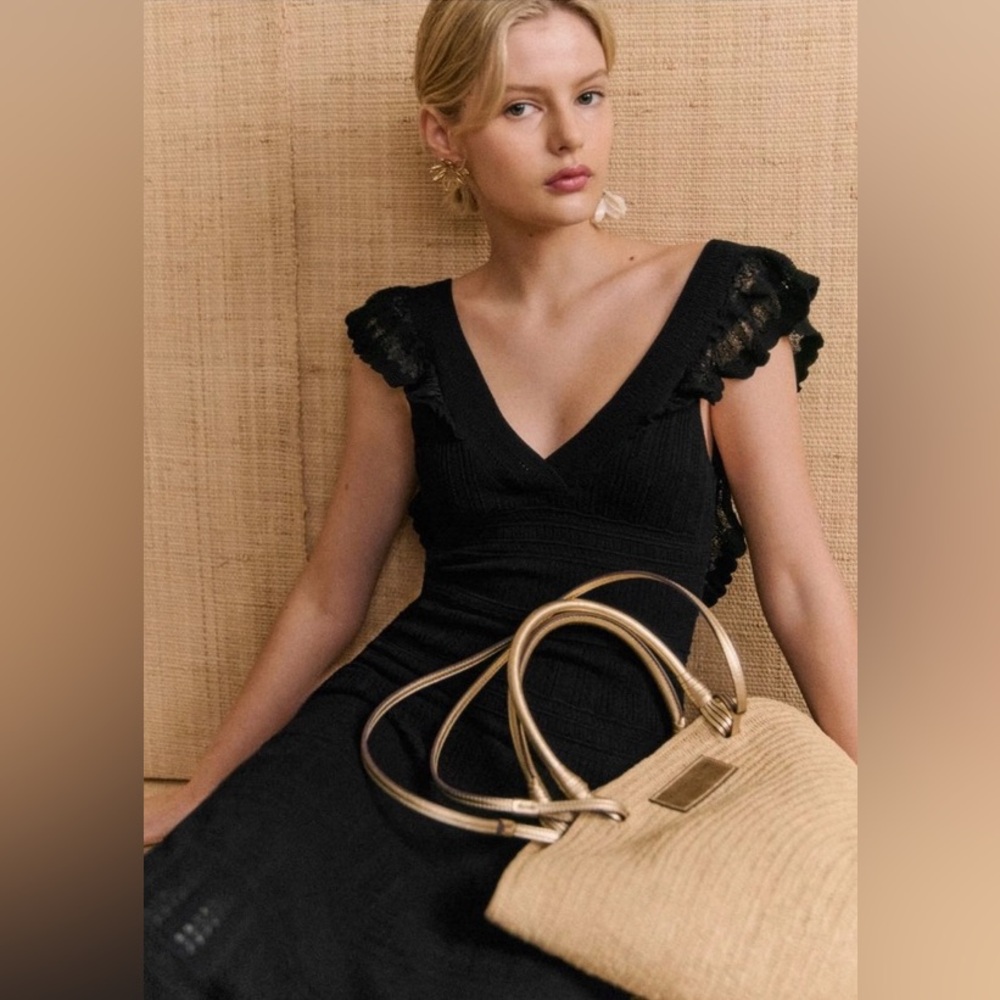 Sezane Aphrodite Black V-Neck Lace Sleeve Maxi Dress